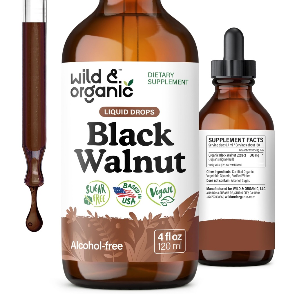 Tintura de nueces ecológicas y negras silvestres - Detox Cleanse w/Black Walnut Hull Extract - Suplemento herbario para Gut Cleanse Detox y Well-Being Digestivo - Vegan, Azúcar &amp; Alcohol-Free - 4 fl oz