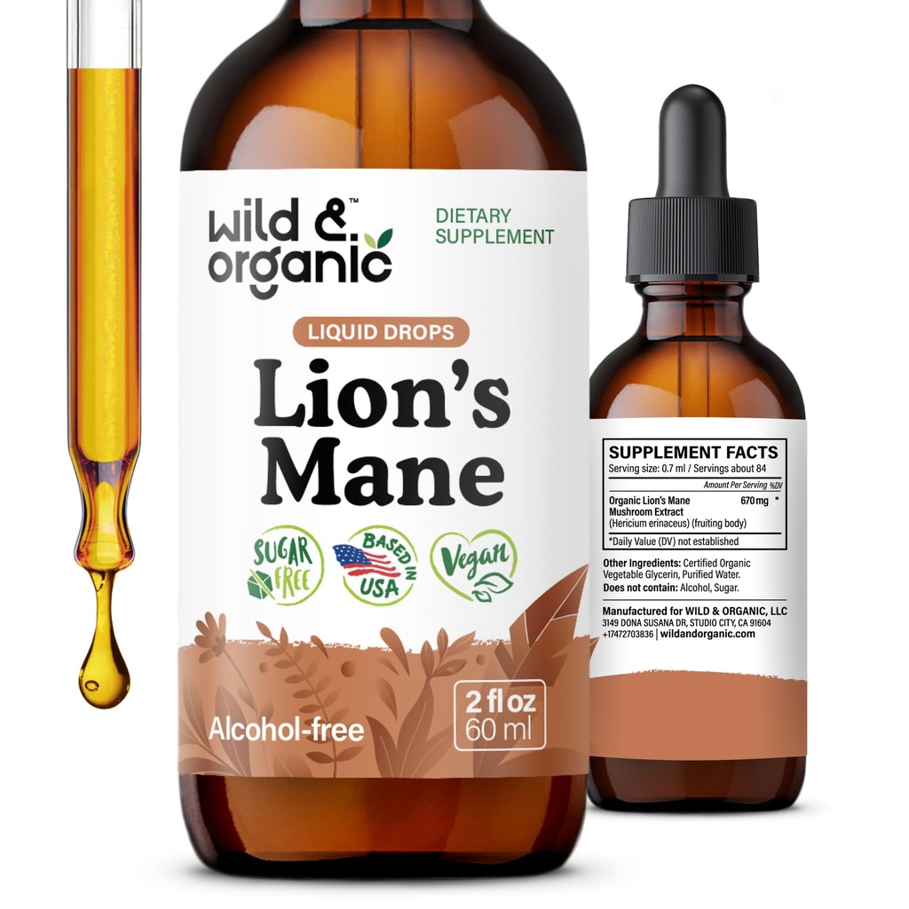 Wild & Organic Lions Mane Liquid Drops - Focus &amp; Brain Support - Lions Mane Supplement - Hericium Erinaceus Mushroom Extract Tincture - Vegan, Alcohol &amp; Sugar-Free - 2 fl oz