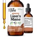 Wild & Organic Lions Mane Liquid Drops - Focus &amp; Brain Support - Lions Mane Supplement - Hericium Erinaceus Mushroom Extract Tincture - Vegan, Alcohol &amp; Sugar-Free - 2 fl oz
