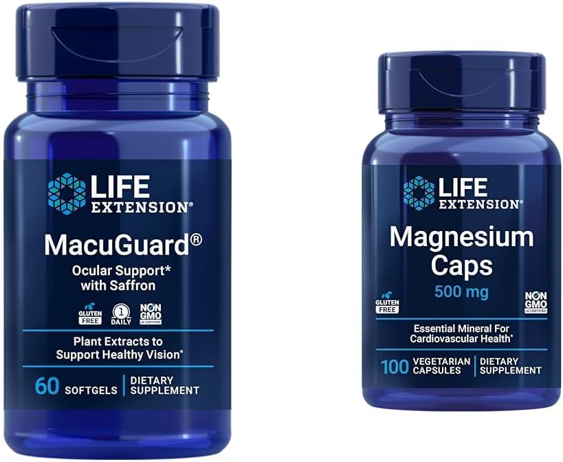 Extensión de la vida MacuGuard Eye Health Supplement with Magnesium Capsules 500mg - Lutein, Zeaxanthin, Meso-zeaxanthin y Saffron for Healthy Vision - 60 Softgels y 100 Vegetarian Capsules
