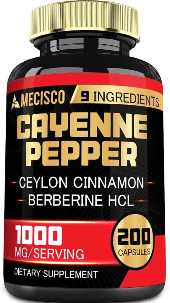 Cayenne Pepper Capsules with Turmeric Curcumin Root, Berberine HCl, Ceylon Cinnamon Bark &amp; Más - 200 cápsulas - Apoyo Digestión Salud, Sistema Immune &amp; Balance Corporal