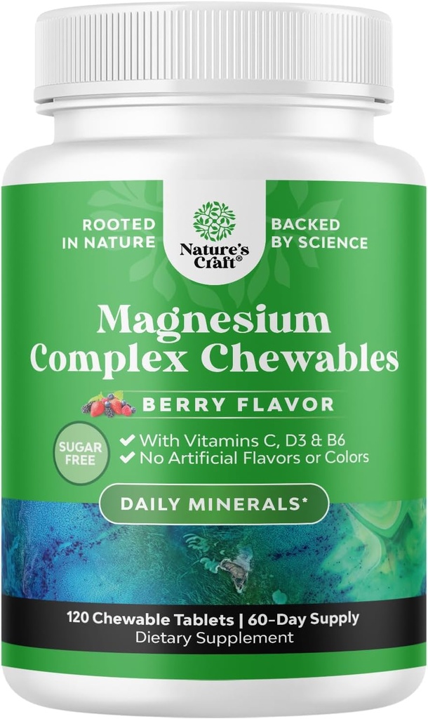 Azúcar Magnesio Glycinate Chewable - Magnesio Chewable para Adultos & Niños con Taurate Glycinate & Complejo de Citratos Más Vitaminas D3 B6 & C - Vegetariano No hay sabores artificiales (60 días)