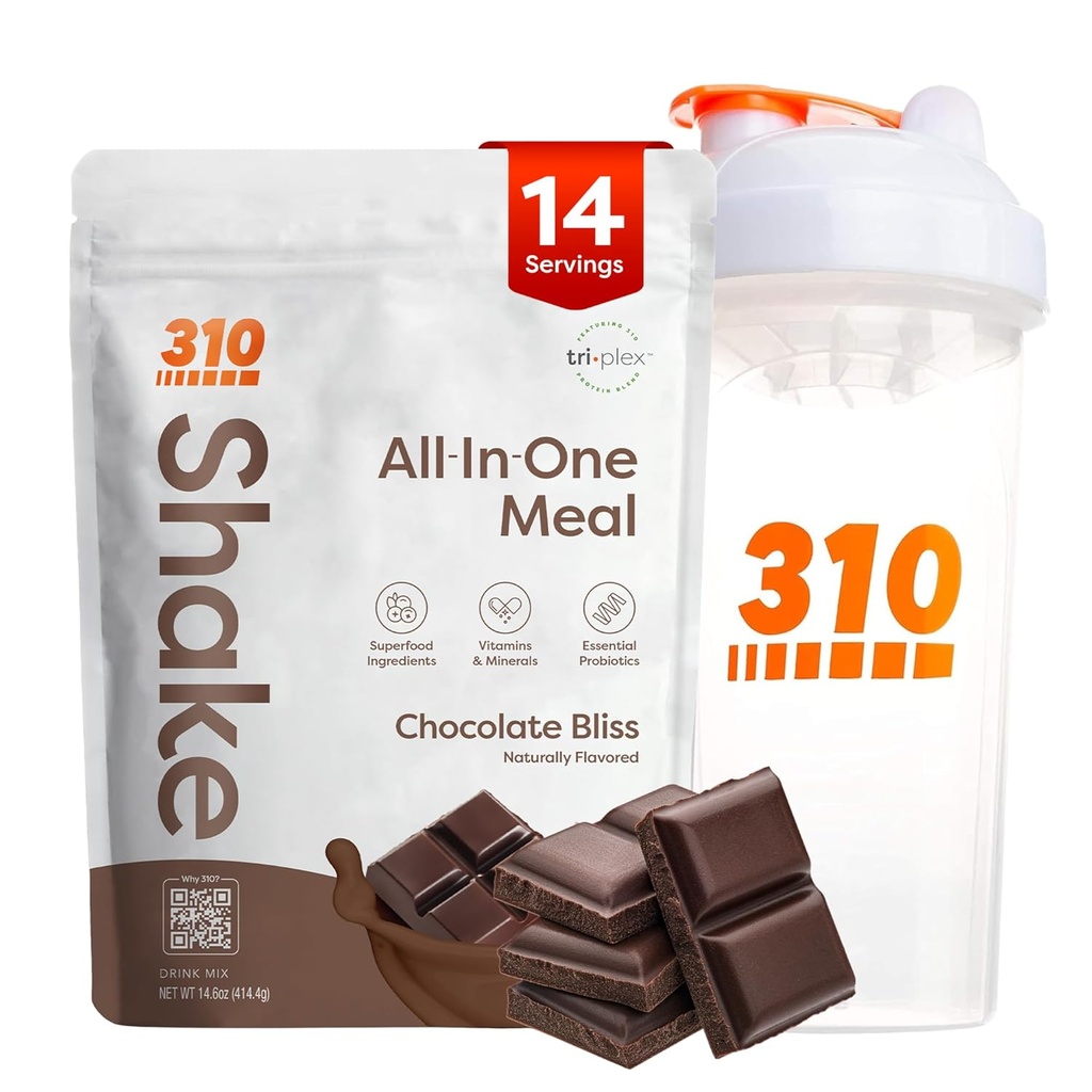 310 Nutrición Reemplazo de Comida Todo en Uno Polvo w/Shaker Cup Starter Kit - High Protein Fiber Rich Vegan Superfood Blend - Sin azúcar, Keto & Paleo Friendly, Low Carb - Chocolate Bliss 14 srv