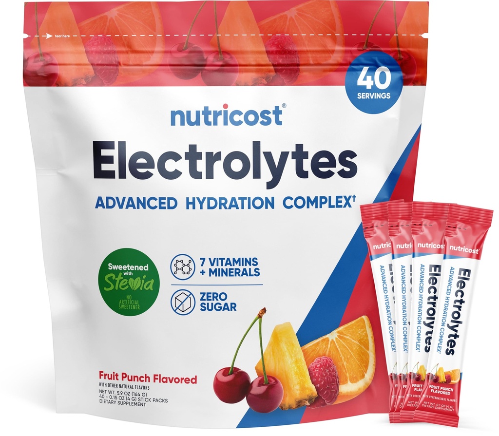 Nutricost Electrolytes Complex, Fruit Punch Flavored, 40 Stickpacks - Advanced Hydration Complex