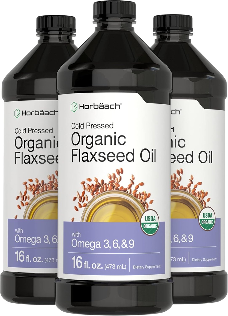 Horbäach Orgánica Flaxseed Oil ← 3 Pack TENIDO 16 fl oz Cada TENIDO Frío Presionado Silencio con Omega 3, 6, 9 ANTE Vegetariano, No GMO, Gluten Free Liquid