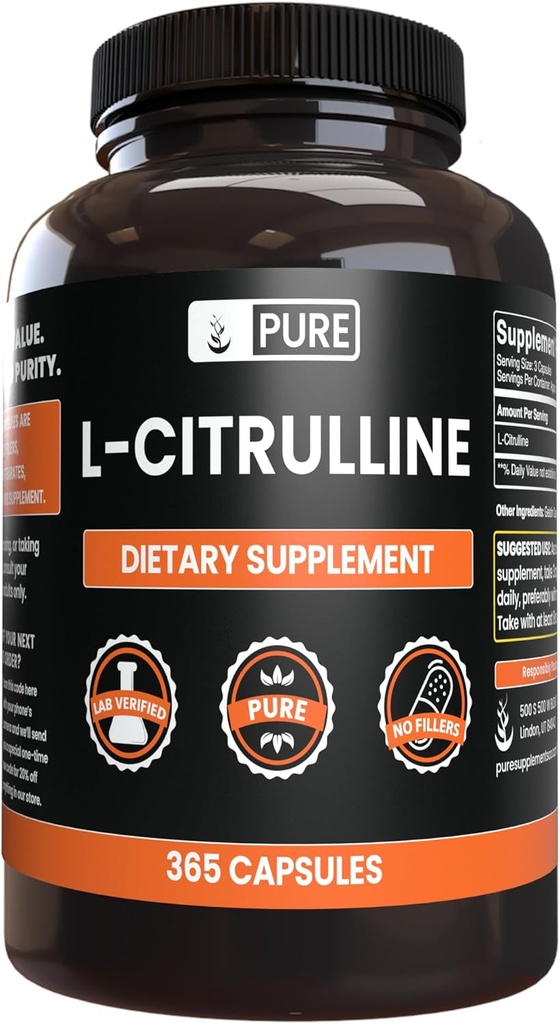 Ingredientes originales puros L-Citrulline (365 cápsulas) No hay magnesio o rifles de arroz, siempre puros, lab verificados
