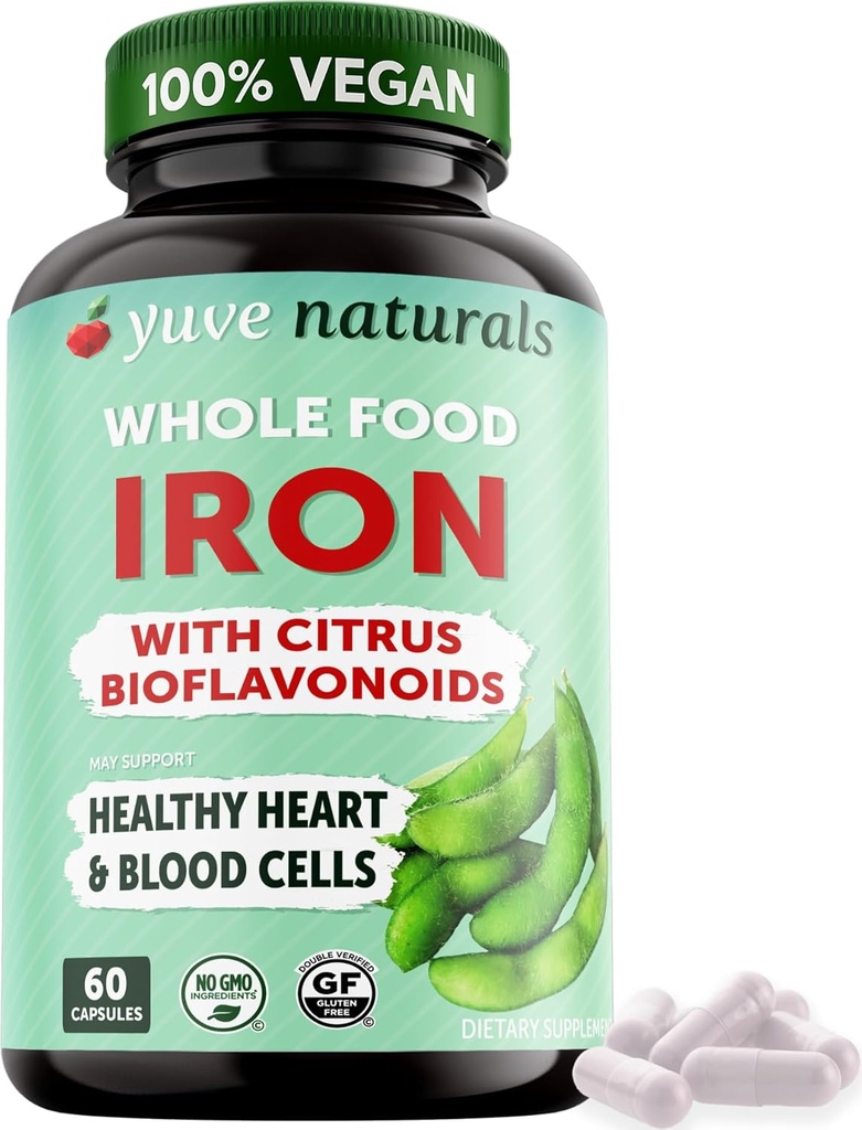 Yuve 100% Vegan Whole Food Chelated Iron Suplemento 18mg – Sin sabor, sin receta, suave sobre Stomach, Energy Support – Gluten-Free, Non-GMO, 60 cápsulas