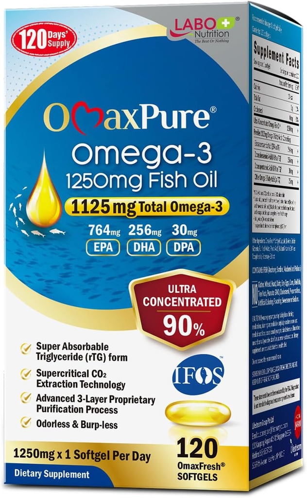 LABO Nutrition OmaxPure Omega3 Fish Oil - 1125mg Omega 3 IFOS certificado - alta potencia rTG Omega Fish Oil Suplemento con DHA & EPA - 120 Softgels
