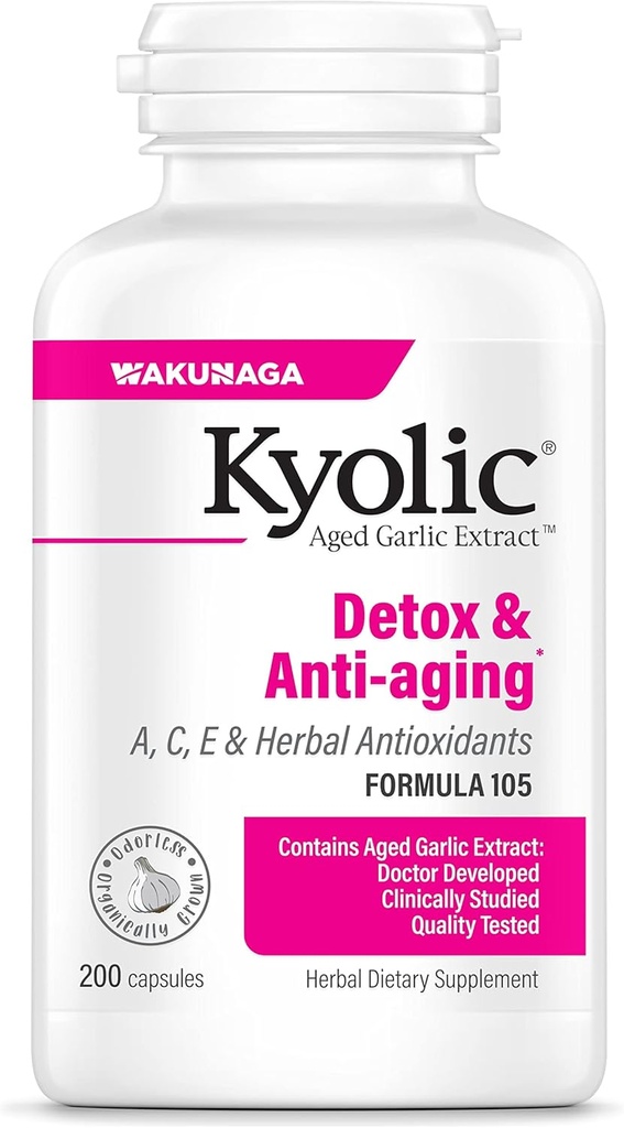 Extracto de ajo envejecido Kyolic Fórmula 105, Detox " Anti-Aging, 200 cápsulas (Packaging May Vary)
