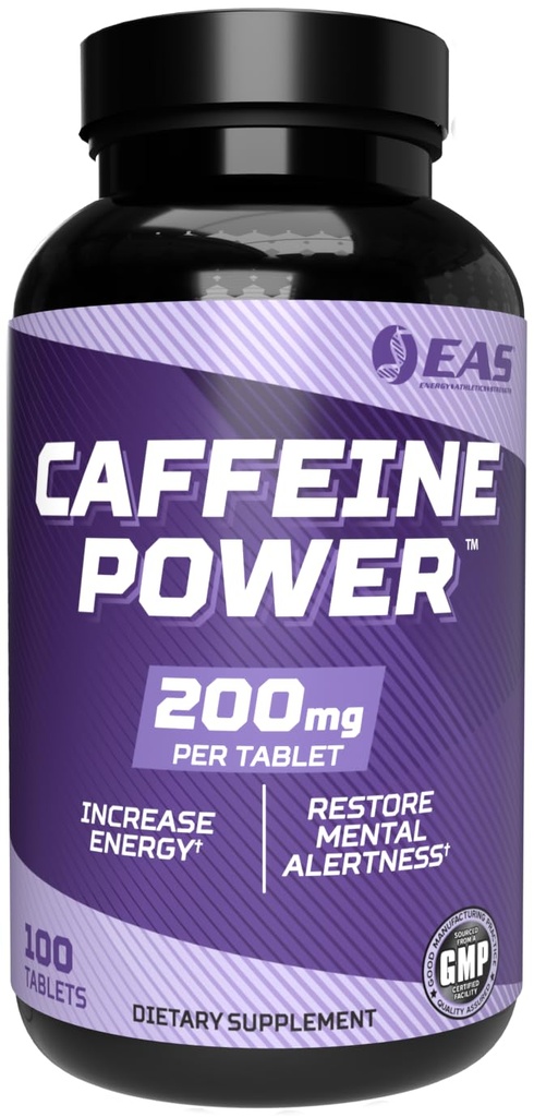 EAS Caffeine Power 200mg ← Caffeine Pills Suplemento TENIDO Aumentar Energía &amp; Restore Mental Alertness TEN Gluten Free, Non GMO, Vegetarian Friendly TEN 100 Tablets