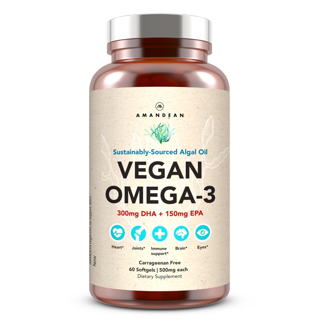 AMANDEAN Vegan Omega 3 Suplemento. Premium Fish Oil Alternative. Algae DHA &amp; EPA. Carrageenan Free Softgels. Ácidos grasos esenciales de Algal. Corazón, Cerebro, Ojo, Esquía, Apoyo Inmunitario. (60ct)