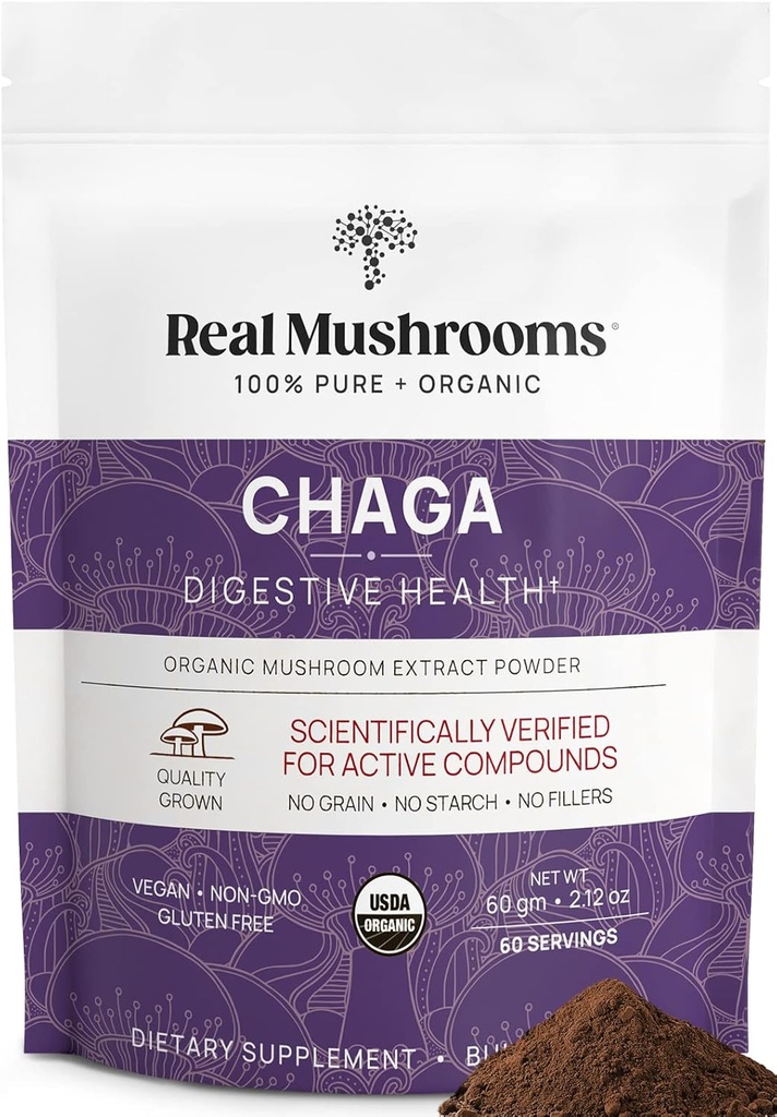 Setas reales Chaga Mushroom Powder – Extracto de Chaga Orgánica del Cuerpo de Fruto – para el Bienestar diario y el apoyo energético – Vegan, No GMO, 60 Servidores Suplemento de Mushroom