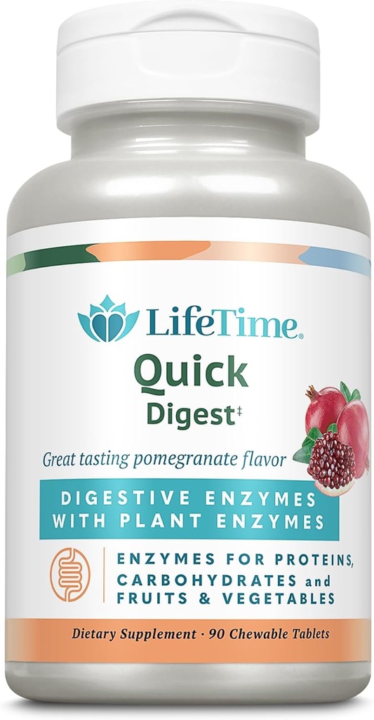 LIFETIME Enzimas digestivas rápidas - Enzimas vegetales para proteínas, carbohidratos, frutas y verduras - Asistencia sanitaria digestiva - Sabor granada - 90 Servimientos, 90 Tablas Chewable