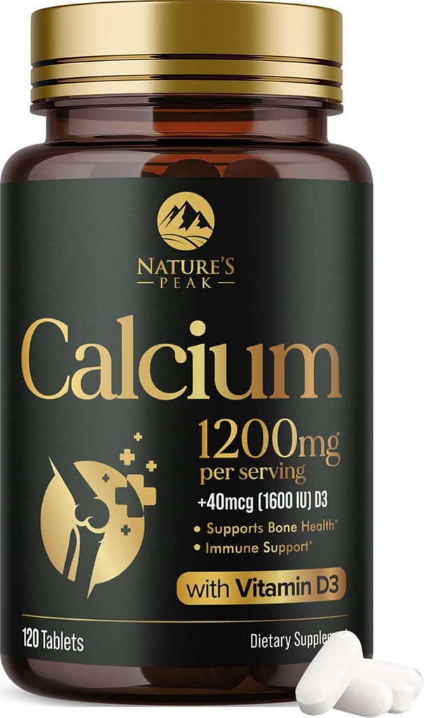 Calcio 1200 mg con vitamina D3 (1600 UI), Suplemento de calcio Vitaminas, Hueso, Dientes & Apoyo a la Salud, Suplementos de calcio con D para Hombres, Carbonato Absorbable de la Naturaleza - 120 Tabletas