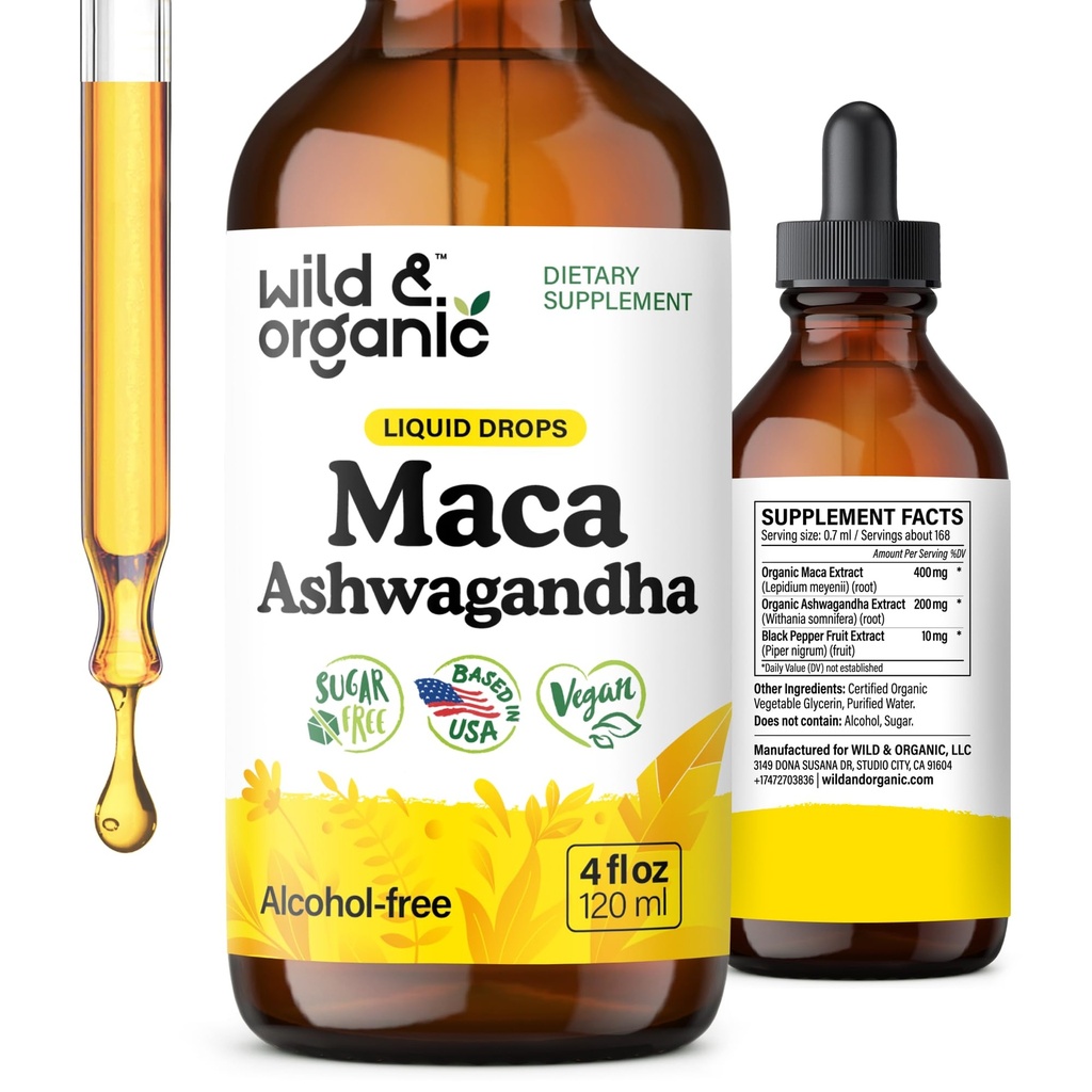 Wild &amp; Organic Maca Root Ashwagandha gotas para hombres y mujeres - Liquid Maca Ashwagandha Suplemento para el apoyo general - Peru Extract Tincture - Vegan, Azúcar &amp; Alcohol-Free - 4 fl oz
