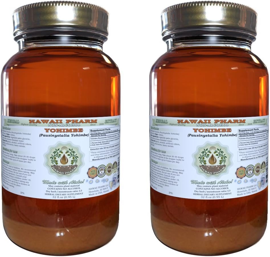 Yohimbe Extracto líquido libre de alcohol, Yohimbe Liquid (Pausinystalia Yohimbe) Dried Bark Glycerite Natural Herbal Suplemento, Hawaii Pharm, USA 2x32 fl.oz