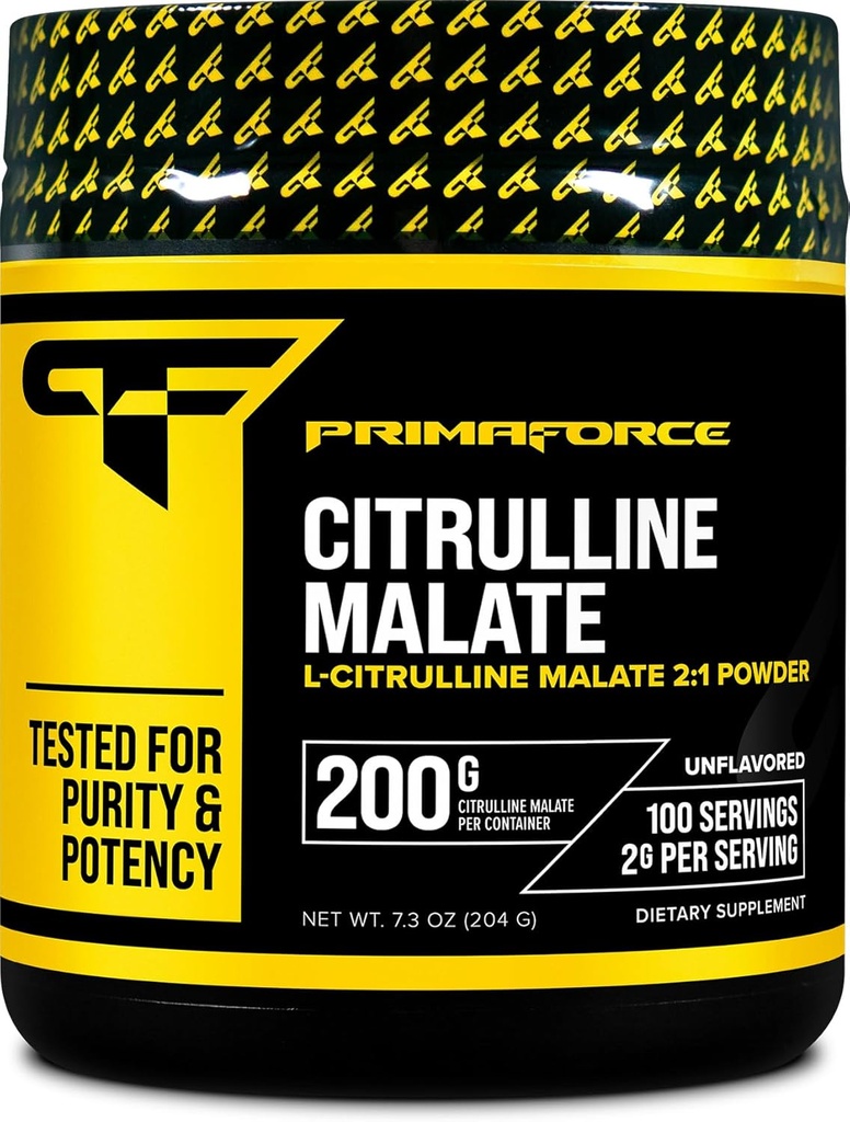 PrimaForce L-Citrulline Malate Powder, Unflavored Pre Workout Suplemento, 200 Grams - Boosts Energy, Aids Recovery, Enhances Strength Performance – Vegan, Non-GMO
