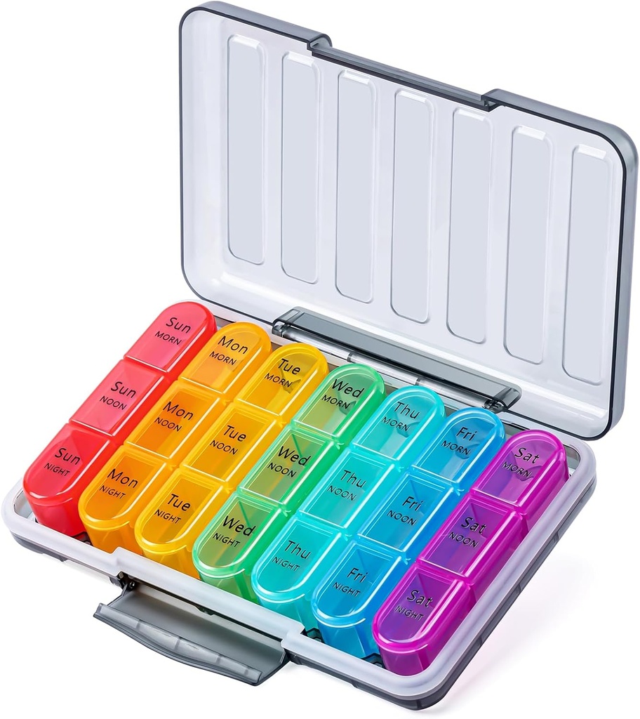 Odaro Pill Organizer 3 Times a Day - Portable Weekly Medicine Box with 7 Separate Containers, Travel 7 Day Pill Box, Black