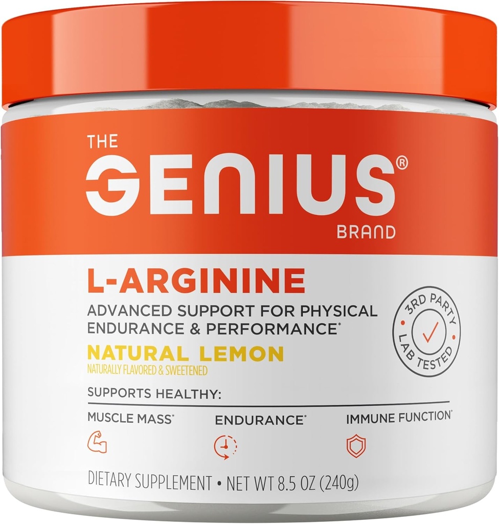 Genius L-Arginina Nitric Oxide Powder - Fermented L- Arginina Suplementos Nutricionales & Nitric Oxide Booster - Pre Workout, Natural Muscle Builder - 30 Servings, Lemon