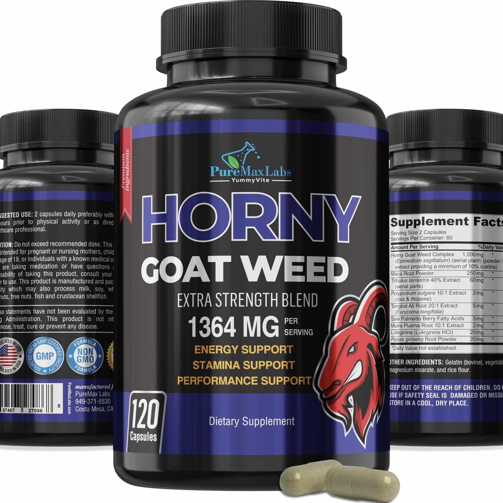 YUMMYVITE Horny Goat Weed Extra Strength -120 Capsules w. Maca, L-Arginine, Ginseng - Boost Desire, Performance, Stamina, Energy, Non-GMO Formula, 120 Capsules