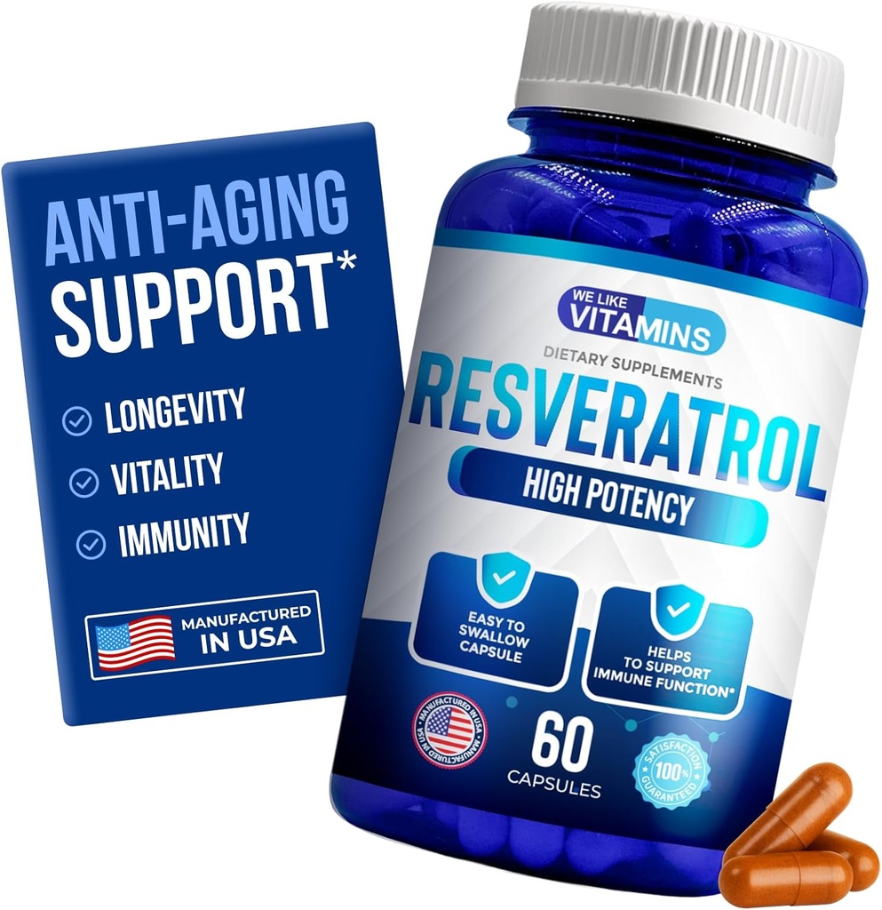 Nos gusta vitaminas Resveratrol 1000mg por Serving - 60 cápsulas de verduras fáciles de absorber - Suplemento de Resveratrol natural 1000mg - Antioxidante Suplemento ayuda a apoyar el sistema inmunitario