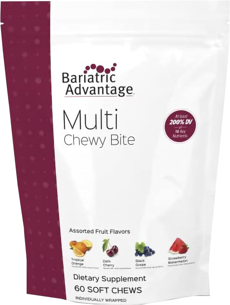 Bariatric Advantage Multi Chewy Bite - Multivitamínico suave para pacientes de cirugía barátrica - Multivitamina picante con ácido fólico, vitamina D3 & Más - sabor a fruta surtido - 60 cuenta