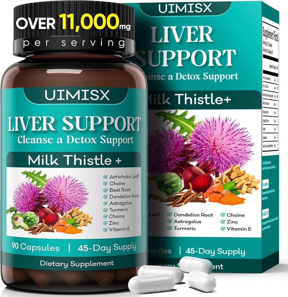 Suplemento de esteto de leche - Liver Detox Cleanse Formula Herbal Liver Support with Milk Thistle, Dandelion Root, Artichoke, Turmeric, Astragalus for Liver Health, 90 Capsules