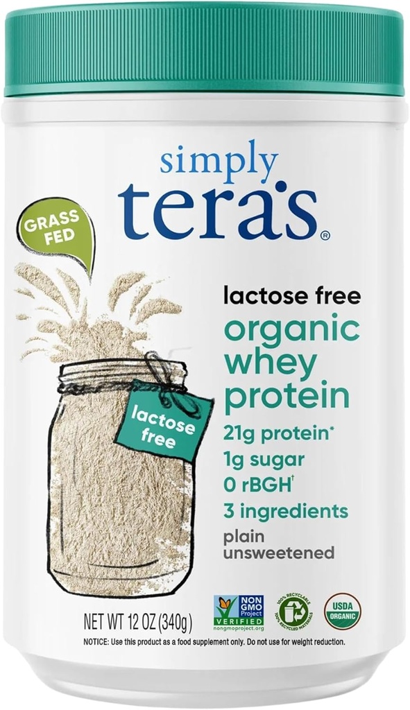 Simplemente lactosa de tera Proteína Orgánica Libre - Polvo Proteína Proteína Desflavorada, Polvo Proteína sin Pesado con 21g de Proteína Por Servir, No GMO, Sin gluten, Sin RBGH, Kosher, Orgánico - 12 Oz