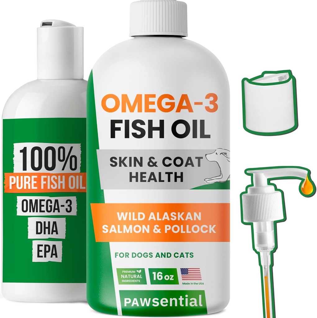 Omega 3 aceite de pescado para perros - Hecho con aceite de salmón de Alaska silvestre para perros; suplemento de aceite de pescado líquido para mascotas con Omega 3 EPA+DHA ácidos grasos; Ingredientes reales, sabor real - Confiado por Vets!
