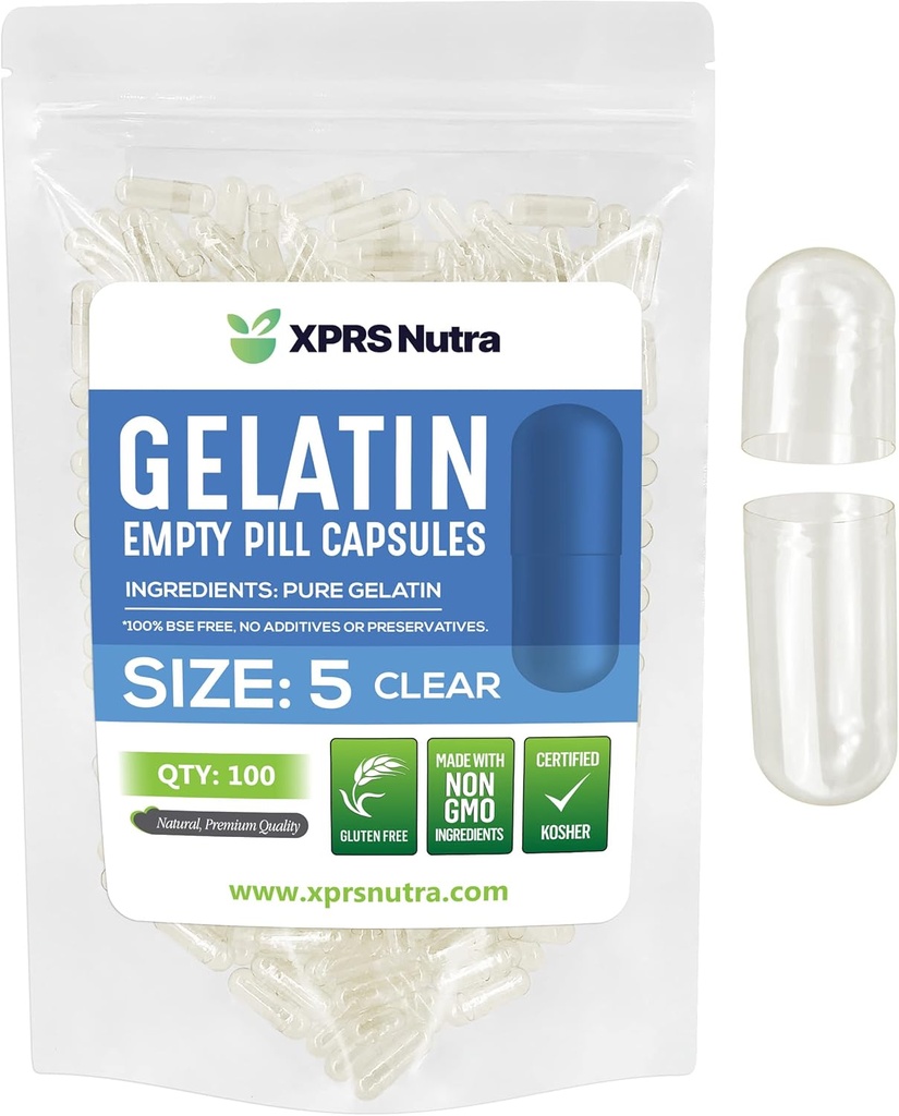 XPRS Nutra Size 5 Empty Capsules - 100 Cuenta Clear Cápsulas de gelatina muy pequeñas - Láminas DIY Cápsula de llenado - Cápsulas de gel para suplementos de vitaminas Do-It-youself