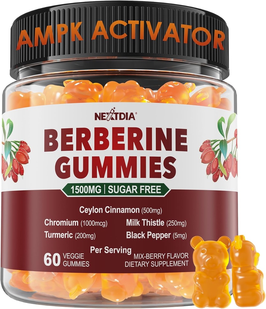 Berberine Gummies 1500mg Sugar Gratis, Suplemento de Berberina Orgánica w/Ceylon Cinnamon, Cromo, Turmeric, Milk Thistle for Metabolism Balanced, Berberine HCl from Indian Barberry Extract, Vegan 60 Cts