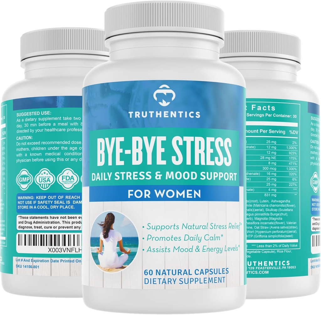 TRUTHENTICS Suplemento de alivio de estrés para las mujeres: calma natural, energía y soporte de humor con Ashwagandha, GABA, Lemon Balm, L-Theanine, Rhodiola, Vitamina B - Vegan - 60 cápsulas