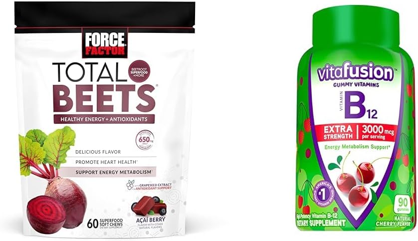 Factor de fuerza Total Beets Chews with Beetroot & Grapeseed Extract Plus Vitafusion B12 Gummies, 90 Conde Cherry Flavor