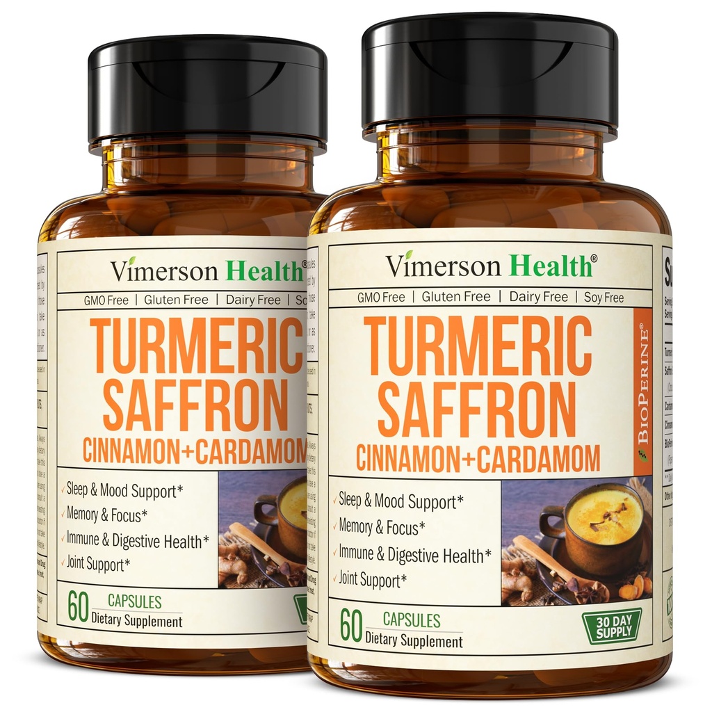 Suplementos de Saffron – 89mg Saffron Extract y 1000mg Tumeric Blend – Suplemento Turmérico con Canela de Ceylán y Cardamomo para Mood, Memoria y Salud Ocular – Suplementos Conjuntos para Hombres – 2 Pack