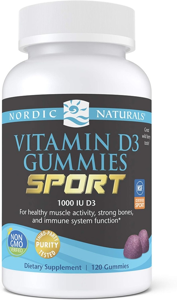 Naturales nórdicos Vitamina D3 Gummies Deporte, Berry salvaje - 120 Gummies - 1000 UI Vitamina D3 - NSF Certified - Huesos saludables, Mood & Immune System Función - No GMO - 120 Servimientos