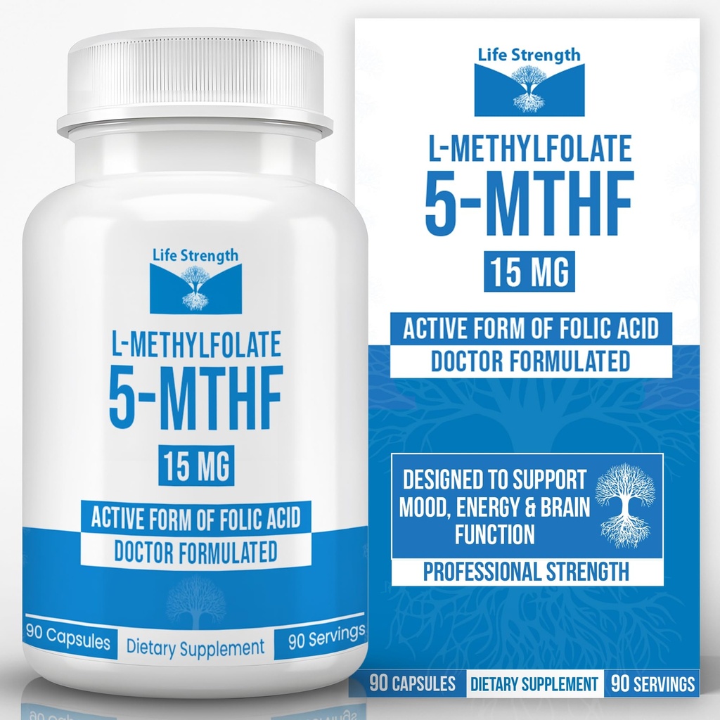 L-Methylfolate 15 MG, Optimized & Highly Bioactive Methyl Folate, 5-MTHF Supplement for Mood and Immune Support, Natural Diet Supplement for Energy, Non-GMO & Gluten-Free, 90 cápsulas