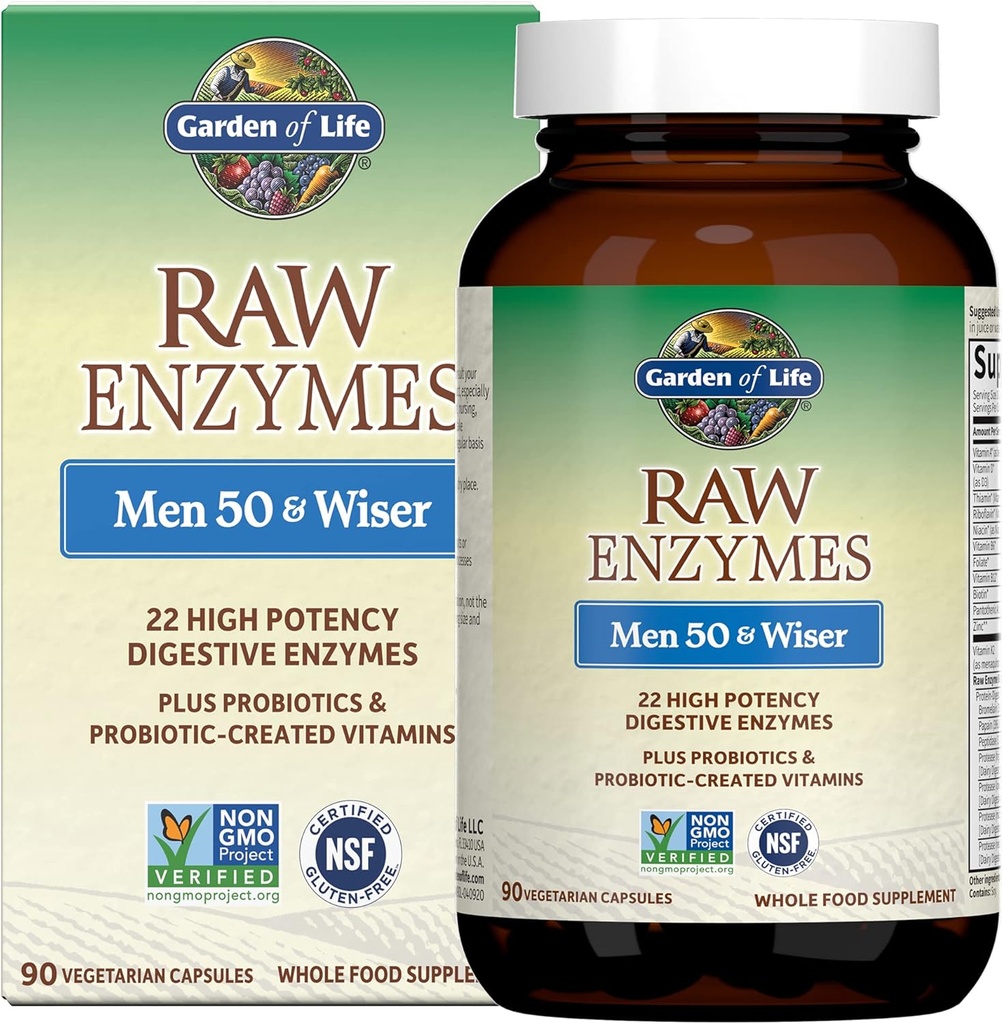 Jardín de la vida 22 Enzimas digestivas para los hombres 50 " Con Bromelaina, Papain " Lactase Plus Probióticos " Vitaminas B12, Biotina " Zinc – RAW Enzymes – Non – GMO, libre de gluten, vegetariano, 90 cápsulas