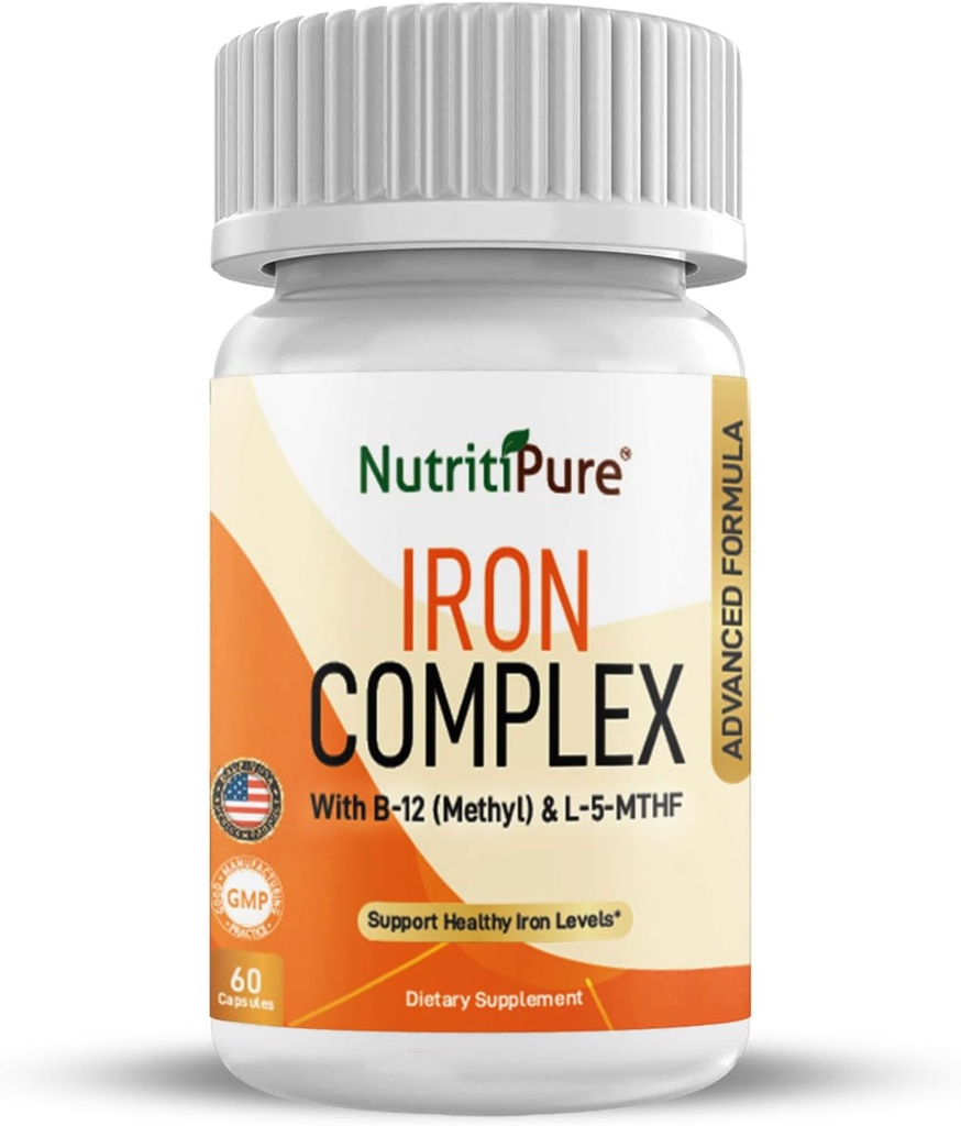 Complejo de Hierro, Construcción completa de Sangre Cápsulas Vegetarianas de Hierro de Hierro de Carbonilo, Quatrefolic, B12, B6 & Vitamina C, para Hombres de Mujer (60 capuchas)