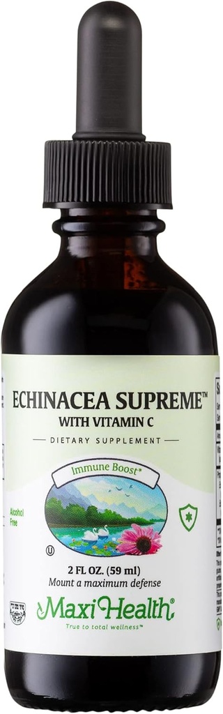 Maxi Health - Organic Echinacea Extracto líquido supremo con vitamina C - Soporte inmunitario Suplemento Echinacea gotas - 1000 mg Echinacea raíz & hierba de planta entera Extracto - 2 Fl Oz Booster botella