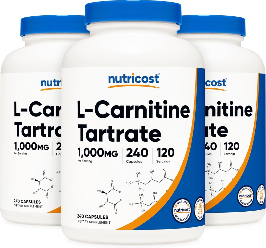 Nutricost L-Carnitine Tartrate 500mg, 240 cápsulas - 1000mg Por Serving (3 botellas)