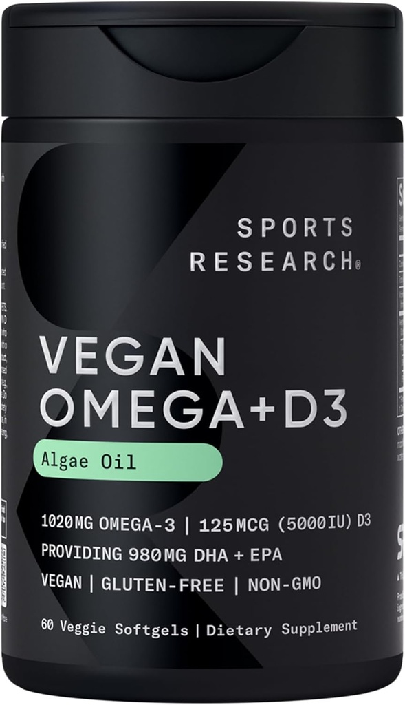 Sports Research Vegan Omega-3 con vitamina D3 Softgels - 1020mg Omega-3 & 5000iu D3 Suplemento - Fish Oil Alternative with Vitamin D - Plant-Based Support from Algae Oil - 60 Veggie Softgels for