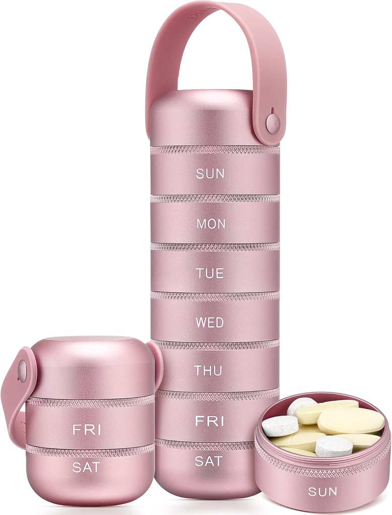 Zannaki Metal organizador semanal de píldoras, Gran caja de carga de viaje 7 días, impermeable Caja de píldoras diarias con manija de silicona, aleación de aluminio Contenedor portátil para vitamina, medicina, suplemento, píldoras