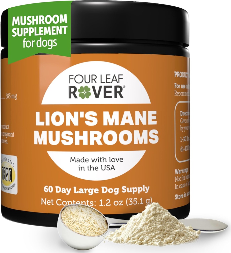 Setas Mane Mane de León para Perros - Apoyos Cerebros Saludables y Sistemas Nervous en Perros de Todas las Edades - Setas Orgánicas enteras - 3ra Parte testado - 60 días gran fuente de perros