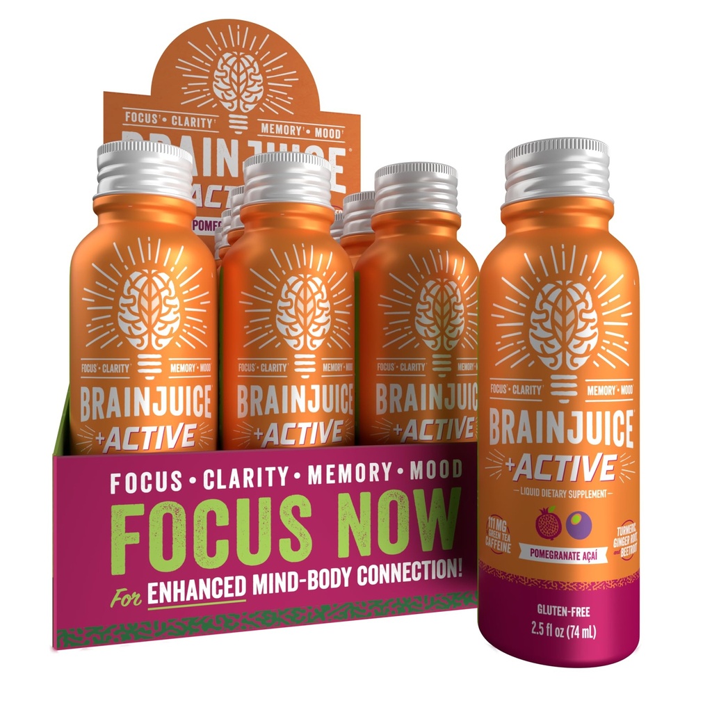 BrainJuice Active Focus " Energy Drink Shots, Supports Endurance, Recovery " Clarity, Non-GMO, Gluten Free, Nootropics, Alpha GPC, B Vitaminas " Organic Green Tea, Pomegranate Acai, 2.5 fl oz, 12 Pack