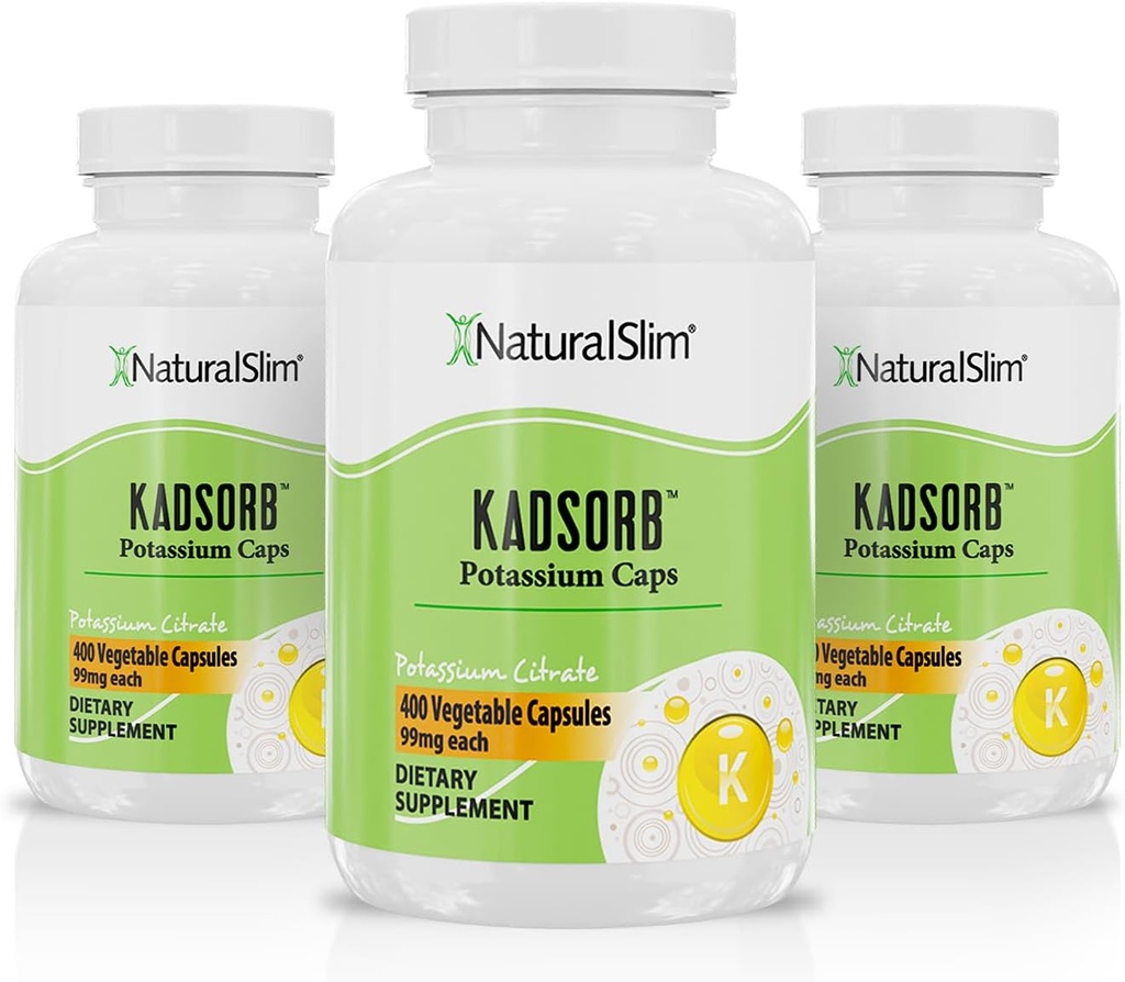 NaturalSlim Natural Potassium Citrate Gluconate 99 mg - Kadsorb Supports Electrolyte Balance & Normal pH - Suplementos de Potasio Absorbable con Minerales Esenciales - No GMO 400 cápsulas 3 Pack