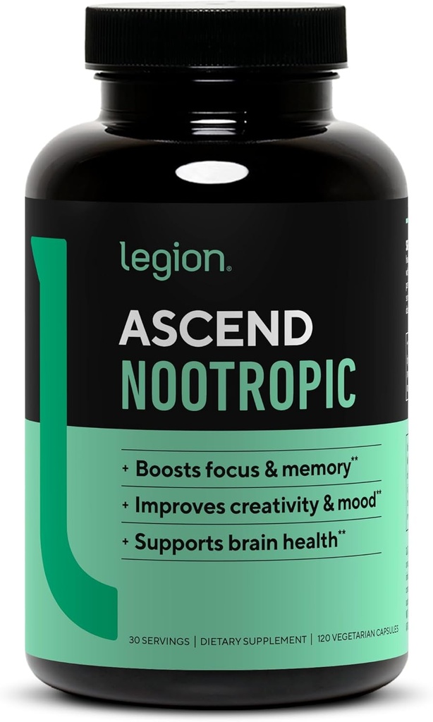 LEGION Athletics Ascend Nootropic - Suplementos cerebrales totalmente naturales para memoria y foco - Suplemento de apoyo cerebral nootrópico con Alpha-GPC - Suplemento cerebral para alerta " Mood Support, 30 servicios