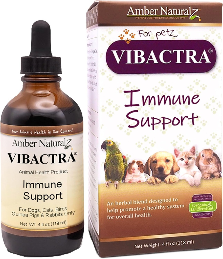 Amber NaturalZ Vibactra Immune Support Herbal Supplement for Dogs, Cats, Birds, Guinea Pigs, and Rabbits ← Pet Herbal Blend for General Health ← 4 Fluid Ounce Glass Bottle ← Manufactured in The USA