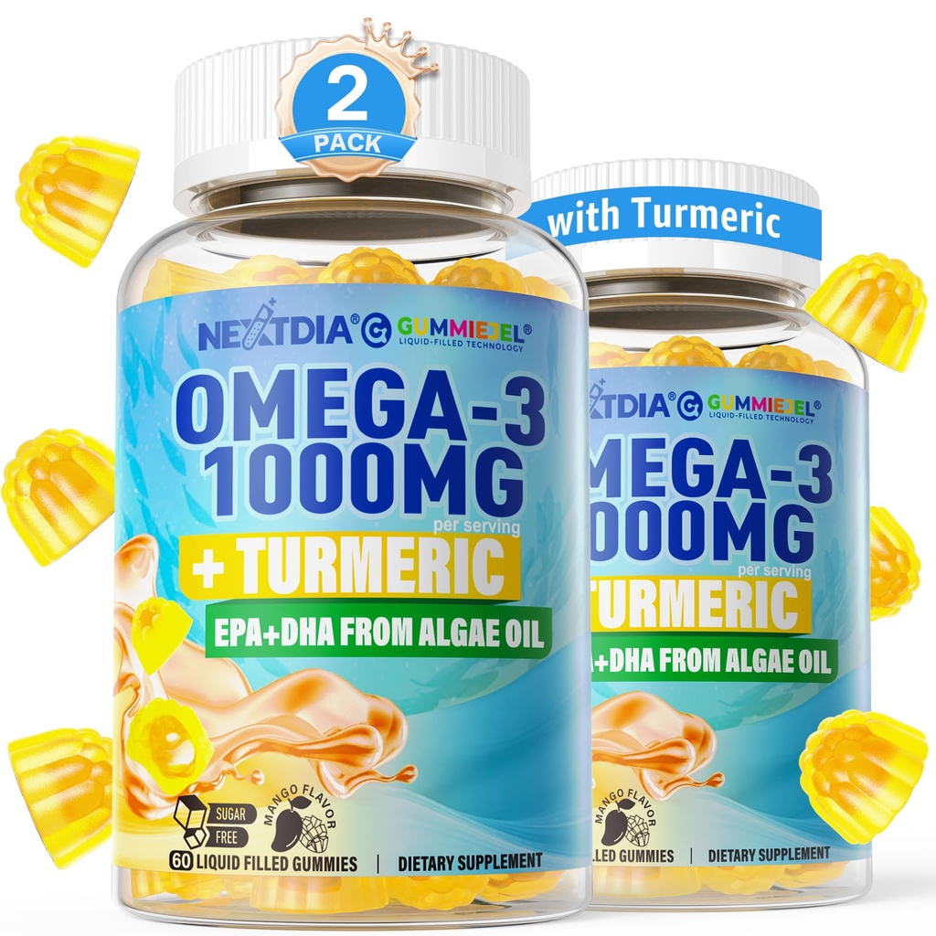 Vegan Omega-3 Gummies 1000mg + Turmérico - Omega 3 Fish Oil Alternative for Adults - Algae DHA 600mg &amp; EPA 300mg, Vitaminas A, C, E, Zinc & MSM, Sugar Free, 120 Cts