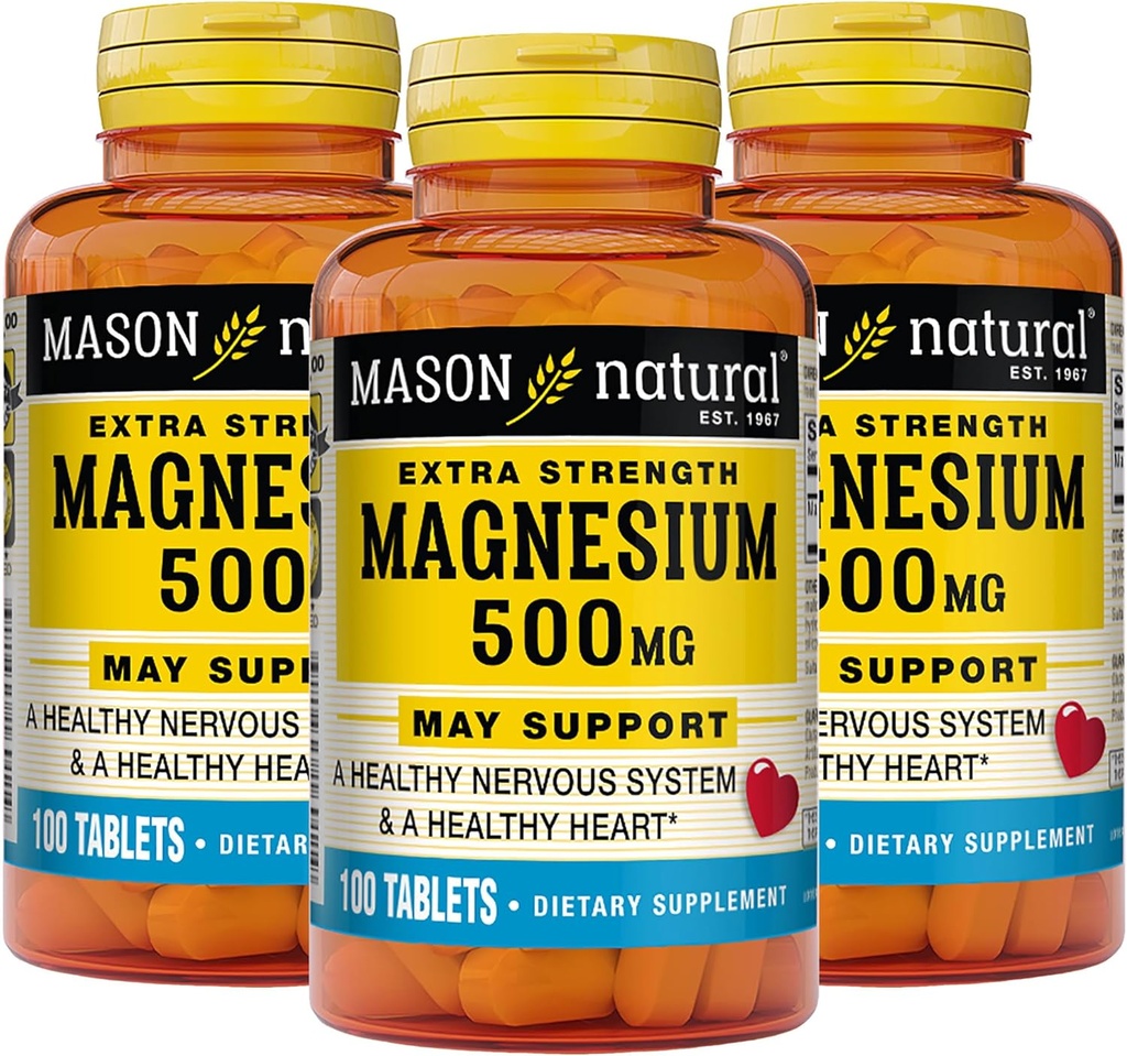 Magnesio natural de Mason 500 mg Extra fuerza, 300, fuente de alimentación, soporta la salud normal, 3 paquete