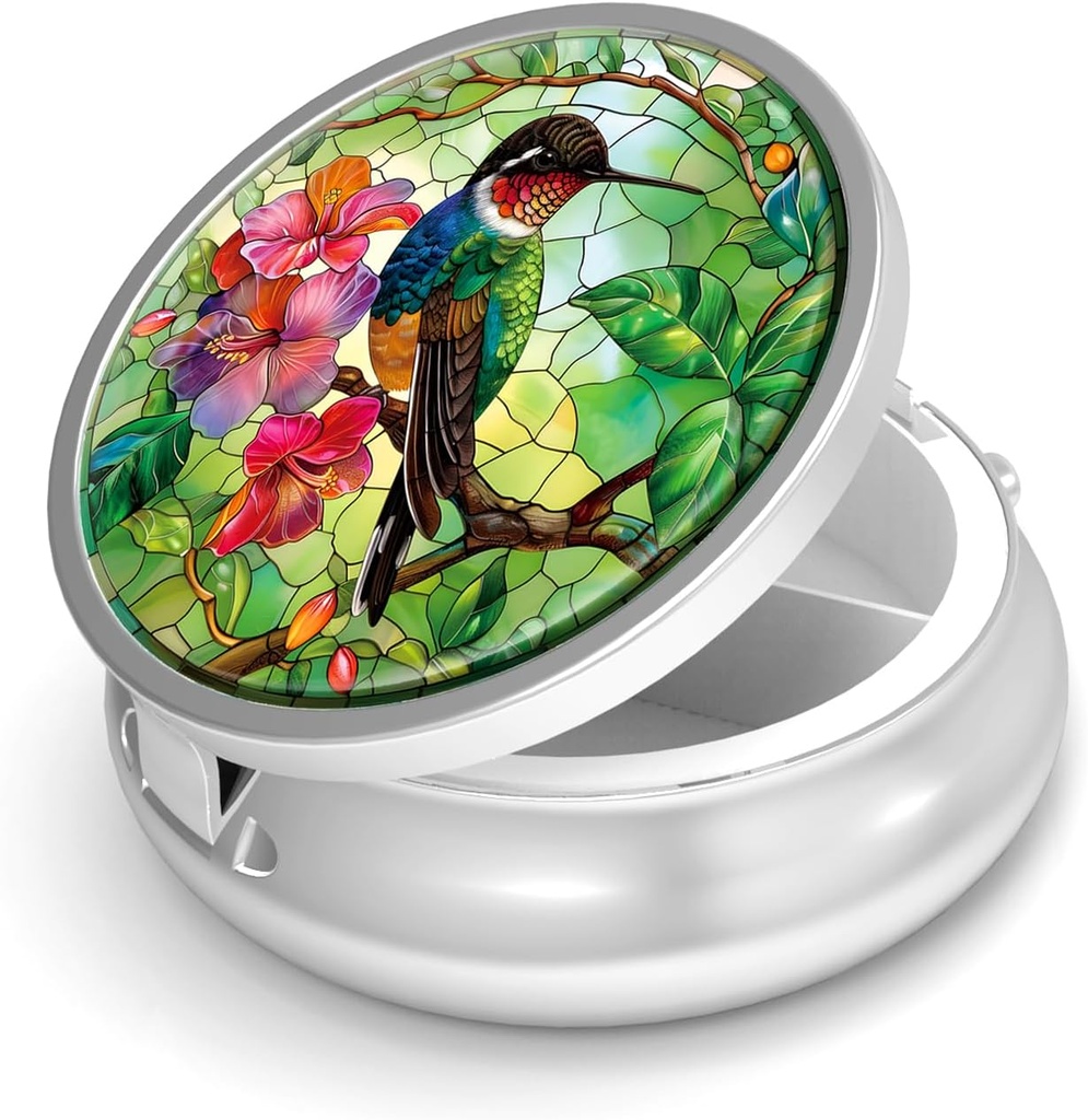 Pill Box-3 Compartment Small Pill Case for Purse & Pocket Mini Contenedor de carga de metal Container para mantener suplementos Vitaminas libres de BPA (Hummingbird)
